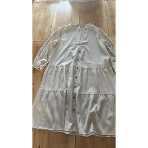 ePretty Chicago Tan‎ Gingham Tiered Button Down Dress Large Boho Cottagecore